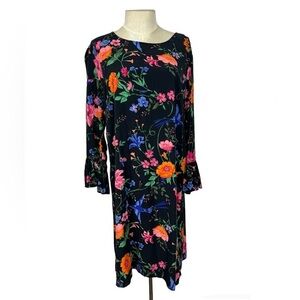 Old Navy Black Background Floral Bird Pattern shift Dress Size L Ruffle Sleeve